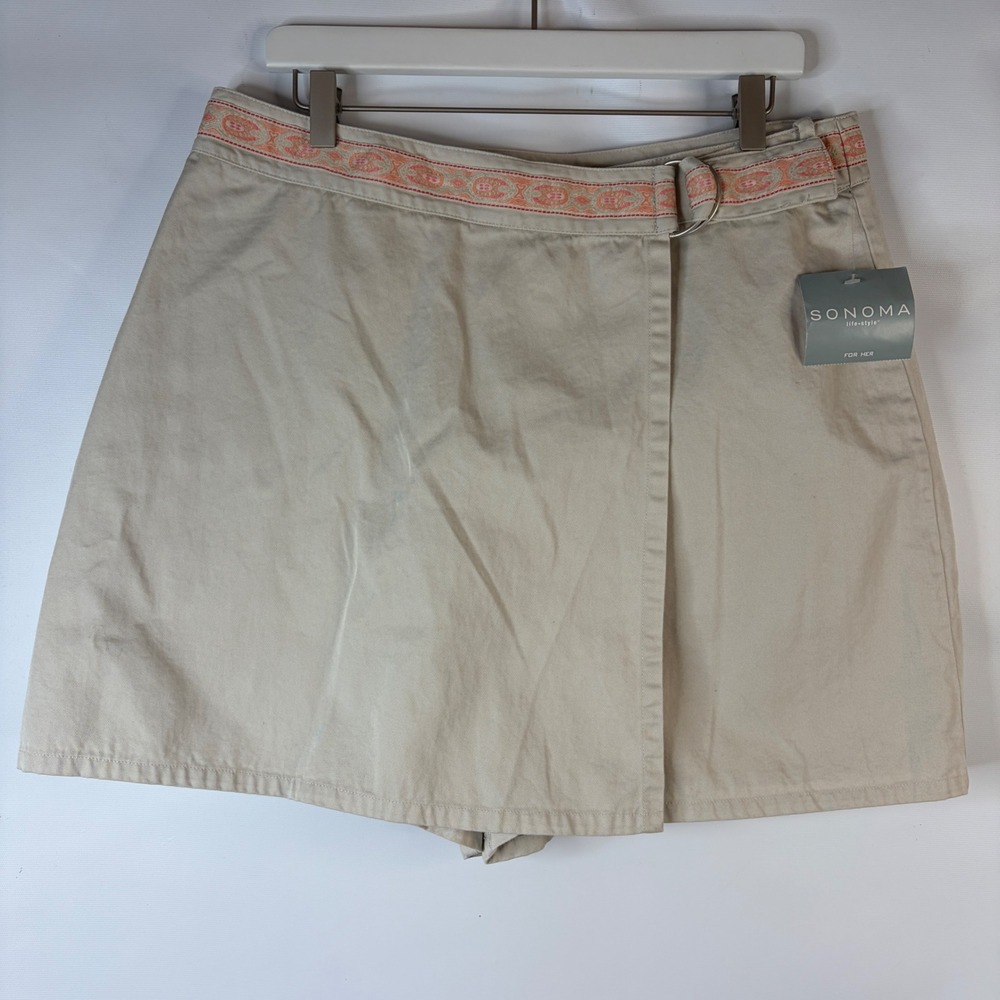 Sonoma Skort Women 16 Stone Beige Embroidered Trim Wrap Front Cotton